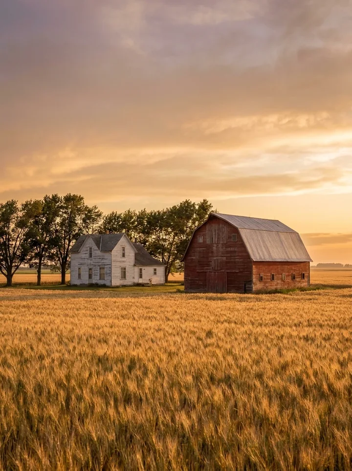 Midwest farmhouse and red barn in wheat fields