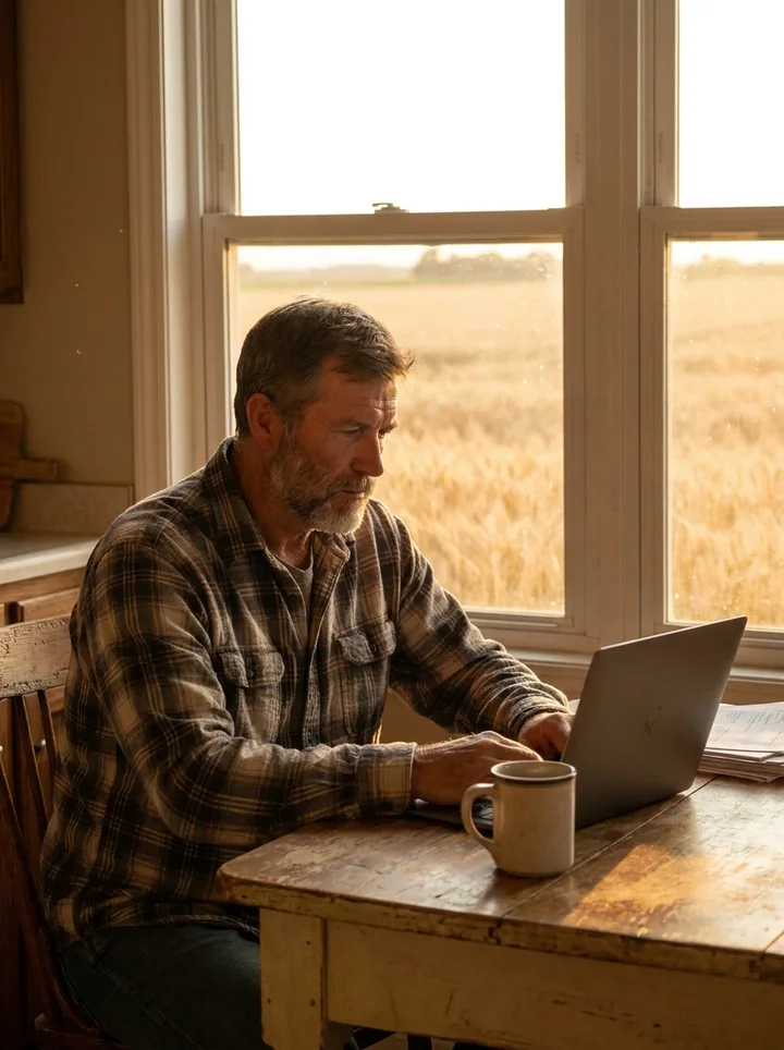 Midwest farmer using a laptop at his kitchen table