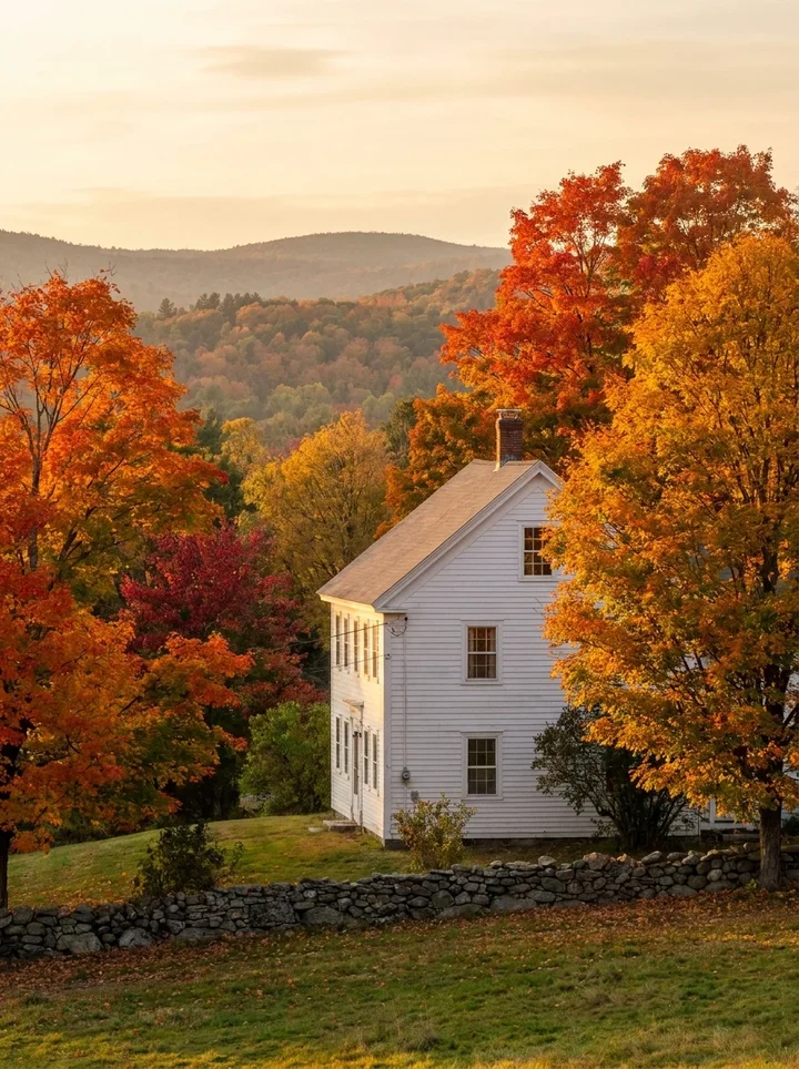 New England farmhouse in fall colors