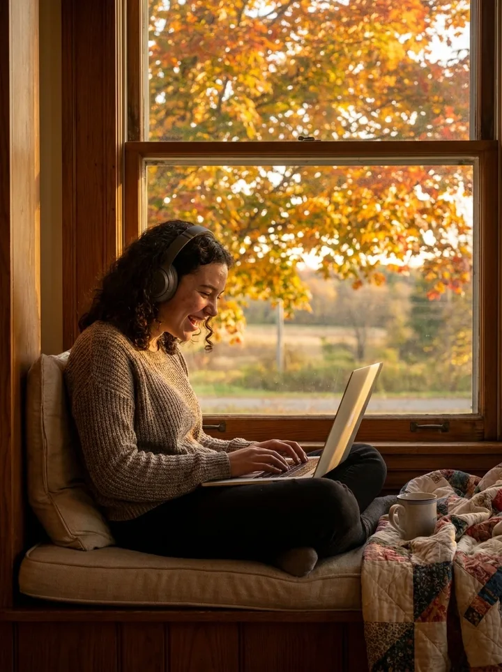 Teen streaming on a laptop by a fall window