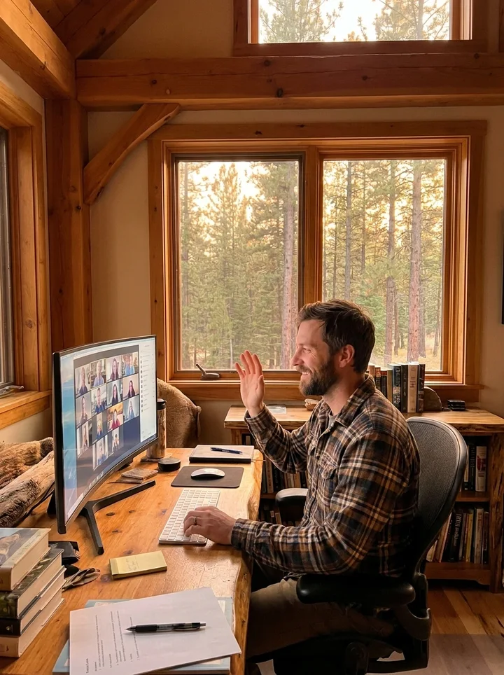 Man on a video call in a Northwest timber office