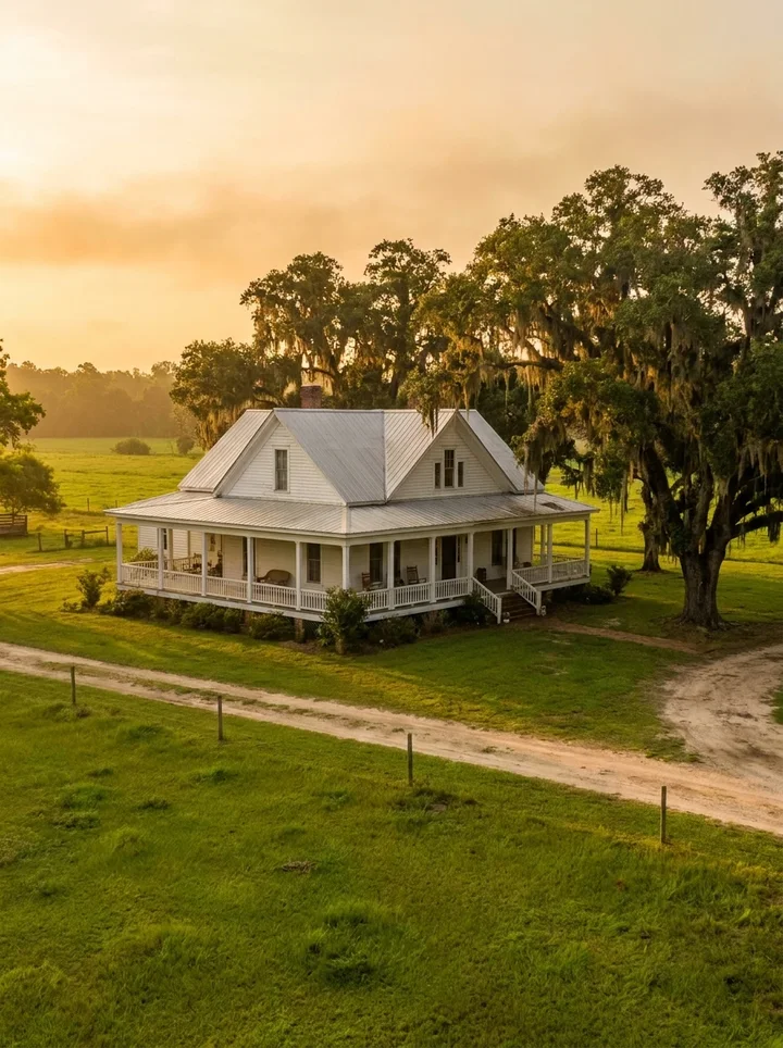Southern farmhouse with live oaks
