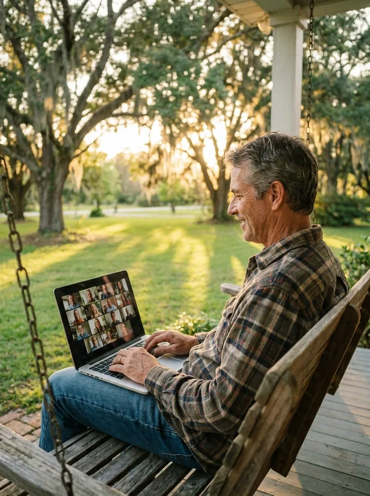 Man on a video call on his Southern porch
