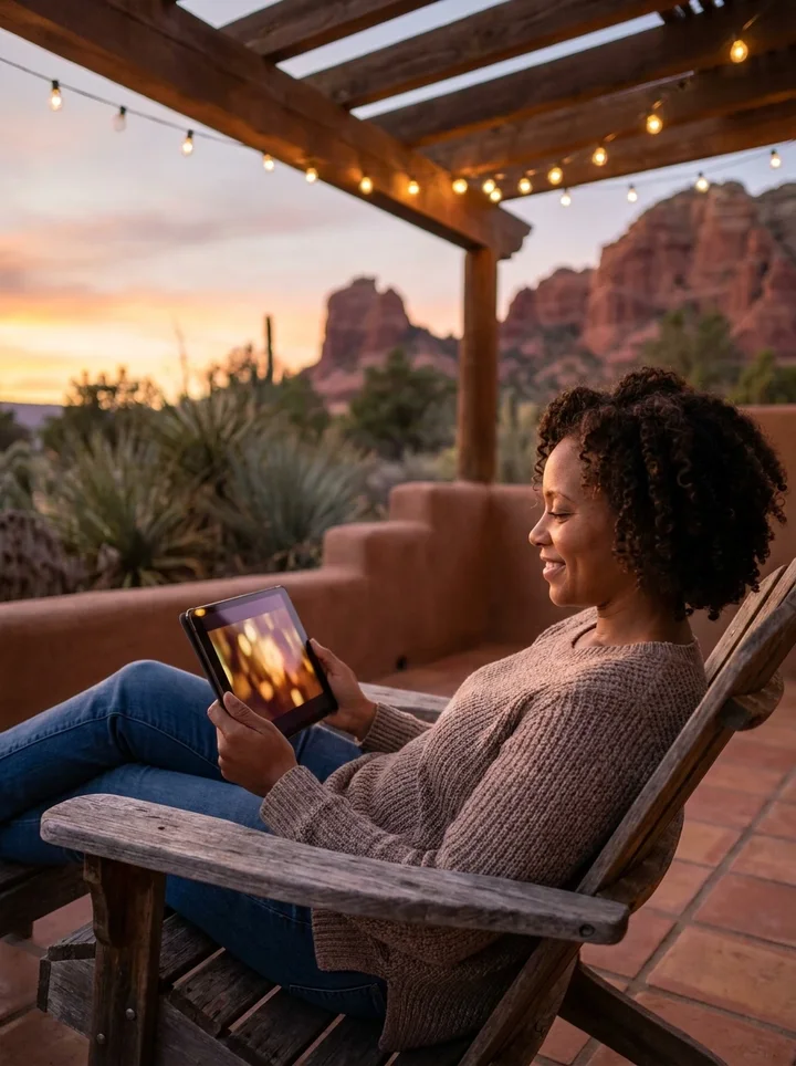 Woman streaming on a tablet on a Southwest patio